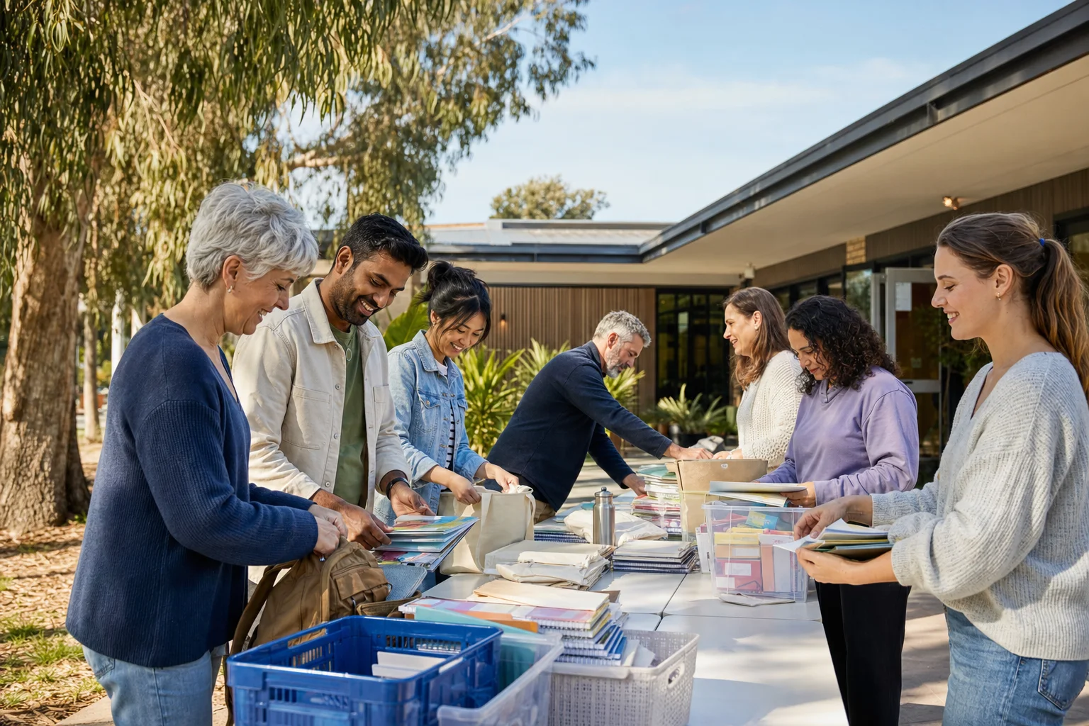 A diverse group preparing welcome and learning materials together in an Australian community setting.